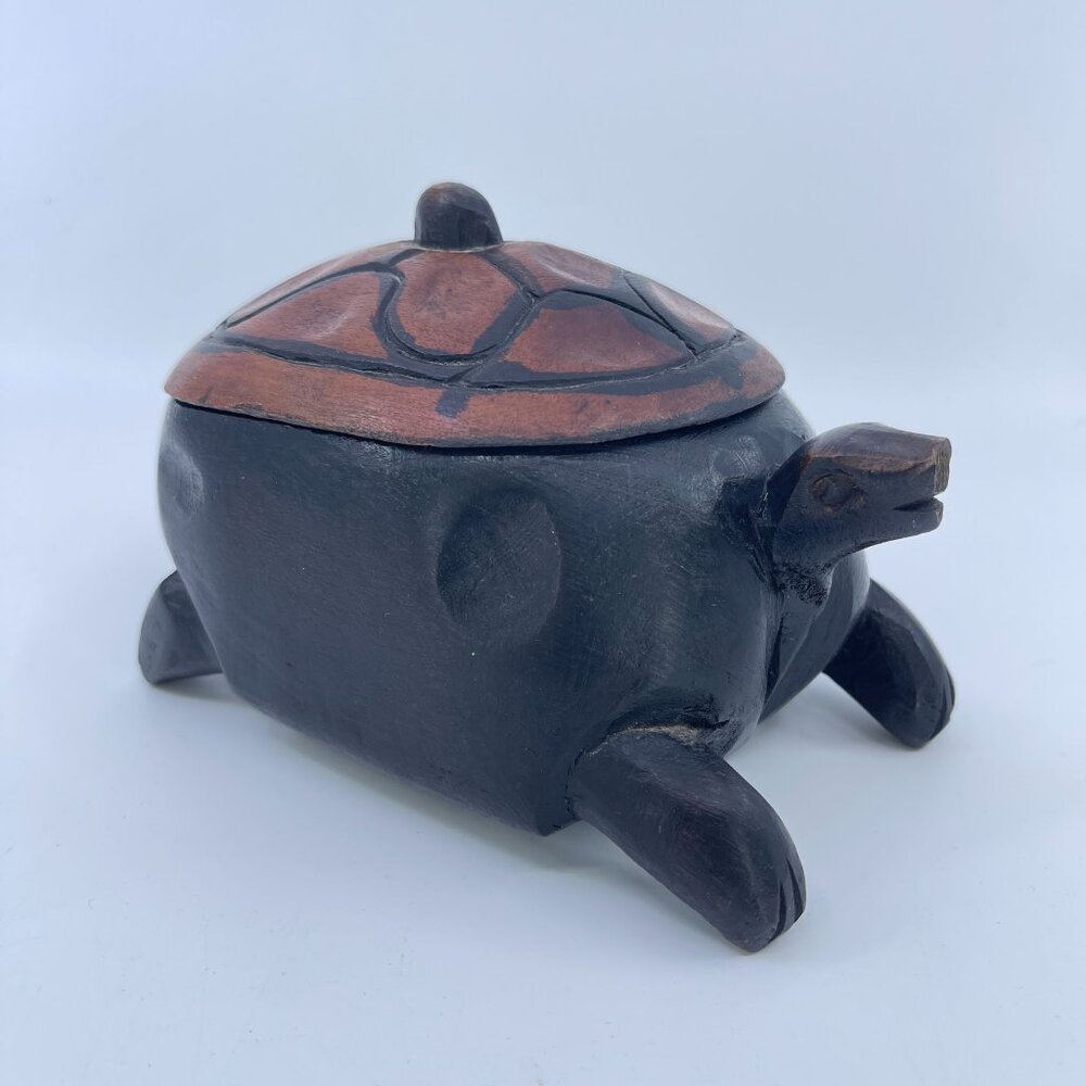 vintage hand carved wooden turtle box with lid trinket box